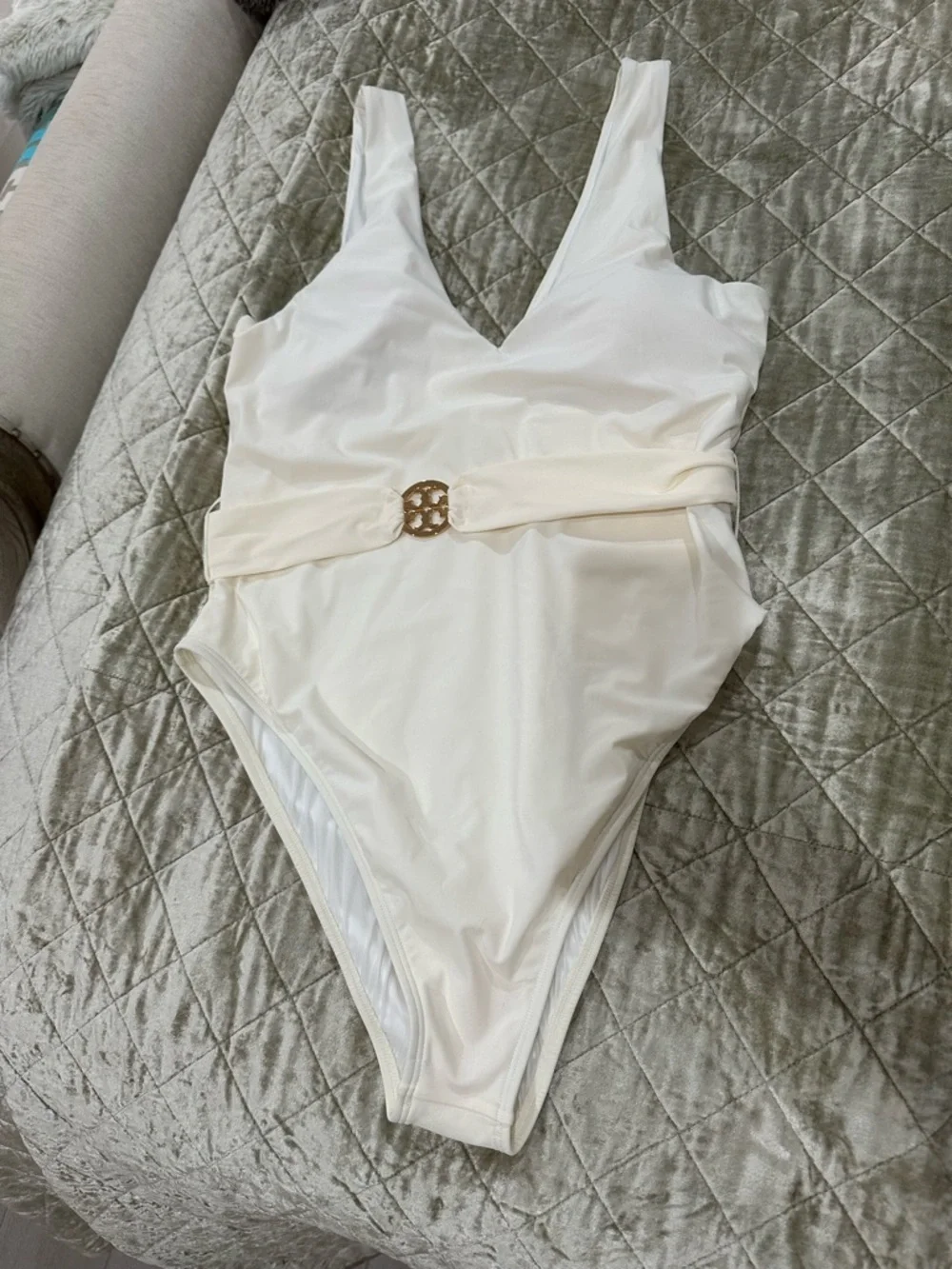Tory Burch Cream One-Piece Swimsuit with Gold-Tone Logo Belt